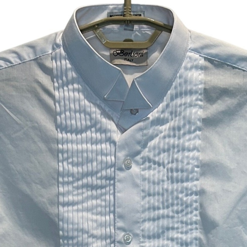 Berlioni Tuxedo Shirt XL 17-17.5 Mens‎ White Pleated Wing Tip Collar French Cuff